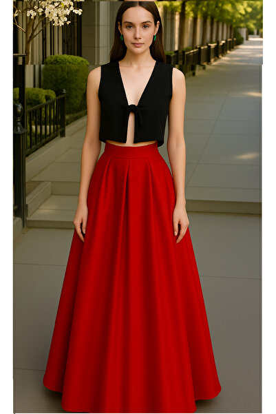 NSMLİFE Women's Red Pocketless Pleated A-Line Evening Skirt