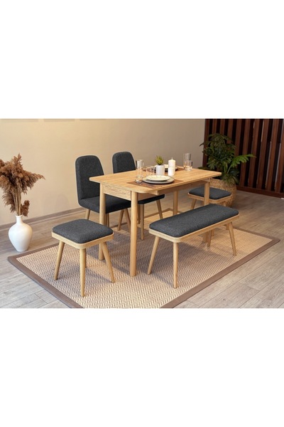 comiet Eslem MDF mobilya ortadan açılır masa+2 sandalye+2 Tabure+ 1 Bench Mutfak-balkon-bahçe Masa Takımı