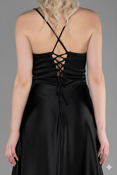 1fazlası Kadın Siyah Göğüs Drapeli Önü Kısa Arkası Uzun İp Askılı Saten Abiye Elbise