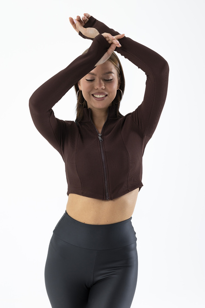 GİYSA Γυναικείο φούτερ με όρθιο γιακά, με φερμουάρ, καφέ - 26K 1776