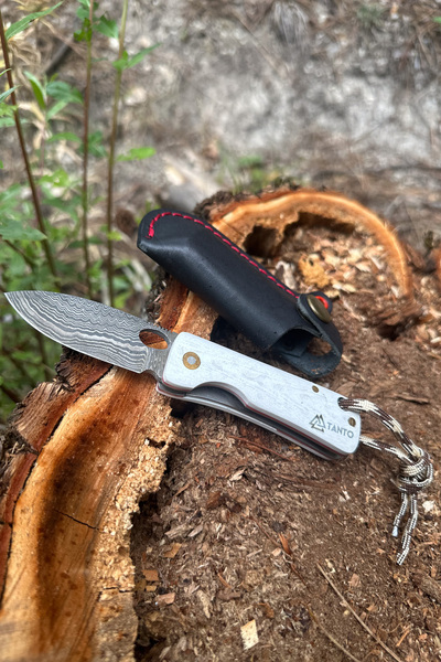 Tantobushcraft Katlanır Çakı Damascus – Mikarta Sap, Deri Kılıflı, El Yapımı, Özgün Desenli