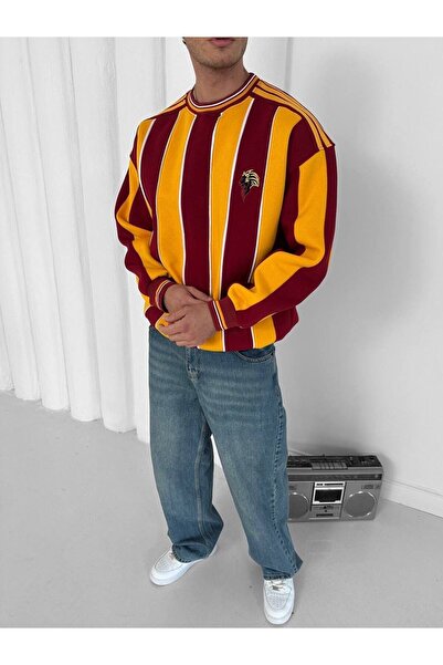 PLÜTON GİYİM Erkek Aslan Logo Çubuklu Oversize Bisiklet Yaka Sweatshirt