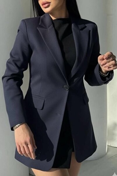 Suziş سترة نسائية من قماش أطلس بخصر مطاطي باللون الأزرق الداكن 9452