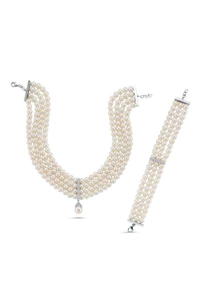 Birinci1926 Choker Zirkon Taşlı Doğal İnci Kolye Bileklik İkili Set