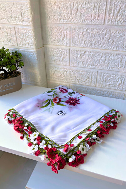 Cenk El İşi Yazma Yonca Oyalı Eşarp Tülbent Hediyelik Çeyizlik