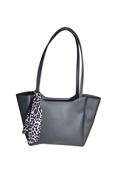 Kontis Geantă de mână și de umăr pentru femei, neagră, cu fermoar și închidere cu capse, cu eșarfă leopard