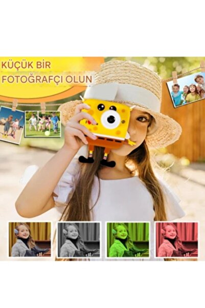 qasul Sünger Bob Tasarımlı Yeni Nesil Çocuk Dijital Mini Fotoğraf Makinesi Çift Kameralı