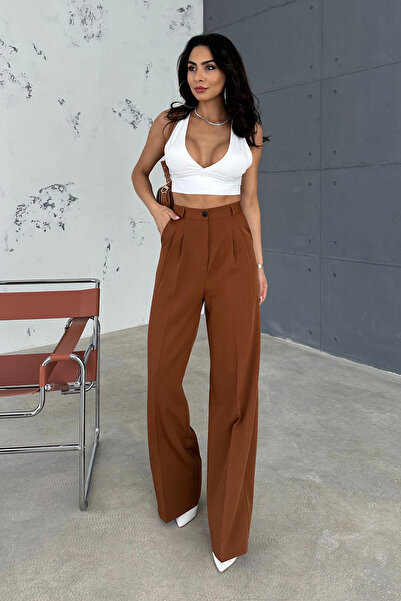 Ortaya Çık Světle hnědé plisované kalhoty Palazzo
