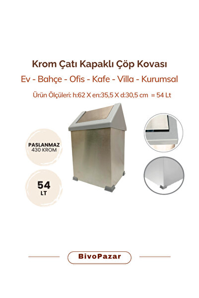 Palex Krom Çatı Kapaklı Çöp Kovası 54 Lt