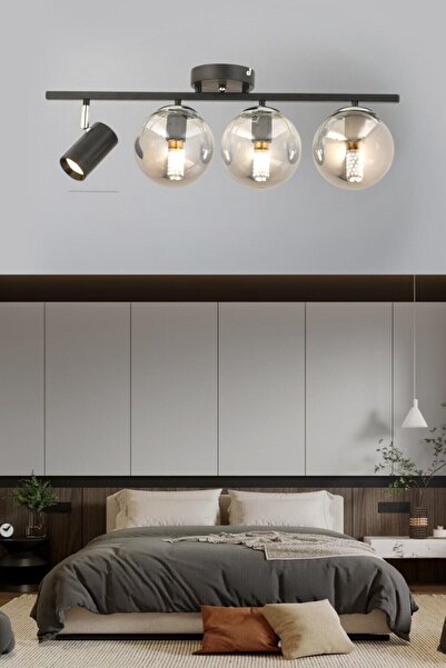 ESSLİGHT Alen 4 Lü Spotlu Plafonyer Avize Füme Glob Camlı Modern Dekoratif Aydınlatma