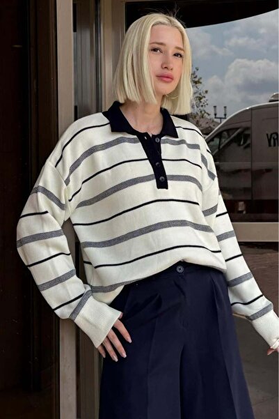 Madmext Pulover pentru femei cu guler polo cu dungi de culoare osie Mg2476