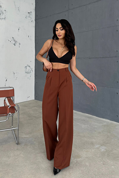 Ortaya Çık Kalhoty Palazzo z hnědé skládané látky