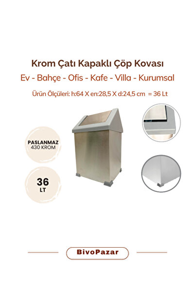 Palex Krom Çatı Kapaklı Bahçe Çöp Kovası 36 Lt