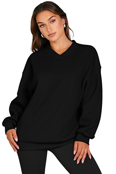 DM DOLCE MORE سويت شيرت بأكمام طويلة ورقبة على شكل حرف V مقاس كبير