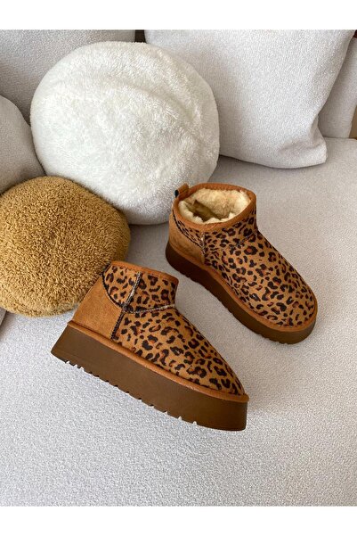 Büşra Sultan Ayakkabı & Çanta Taba Leopar İçi Peluş Kürklü Kalın Taban Kısa Bot