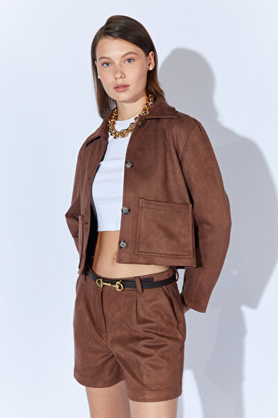 Manche Short Suede Women's Jacket with Pockets - Mink |   Mkw351284-01