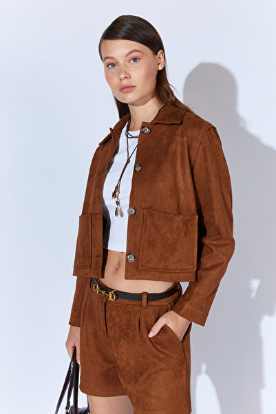 Manche Short Suede Women's Jacket with Pockets - Brown |   Mkw351284-01