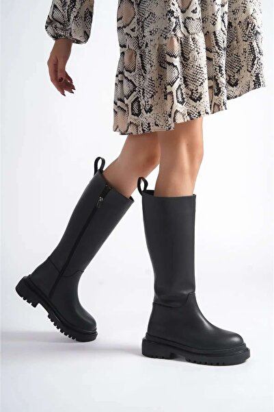 sefayol Carlos Μαύρες ματ δερμάτινες γυναικείες μπότες με φερμουάρ