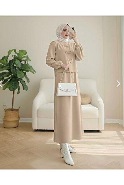 Modamorfo Beige Scuba Set - Skirt with Bow Detail on the Front