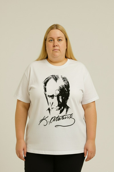 Sibel Günay Butik Ataturk Printed Unisex Large Size White T-Shirt | 100% Cotton | Crew Neck