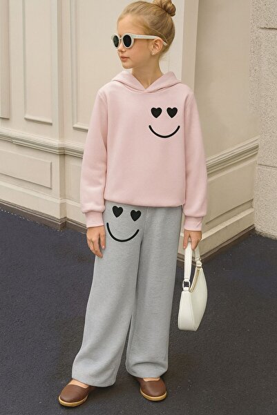 MORNİNG KİDS Φούτερ με κουκούλα για κορίτσια με ροζ χαμόγελο και στάμπα- Γκρι...