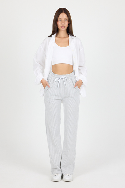 Miyalon Kadın Su Yolu Çizgili Lastikli Bol Paça Pantolon Eşofman Altı – Yazlık Rahat Stil ve Günlük Şıklık