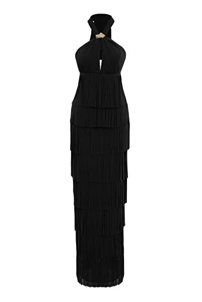 Keikei Siyah sifon kolsuz uzun elbise