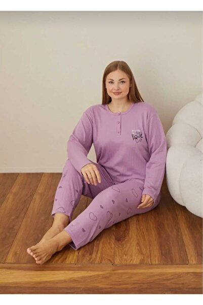 Eyfuze Women's Winter Plus Size Curve Embroidered Patterned Collar Buttoned Long Sleeve Pajama Set