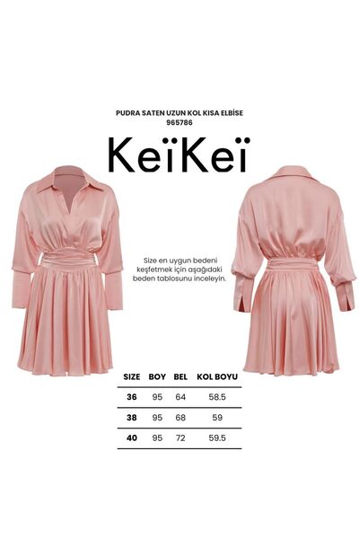 Keikei Pudra saten uzun kol kısa elbise