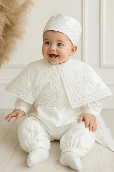 Hobidik Erkek Bebek Çocuk Pamuk Saten Beyaz Şapkalı Pelerinli Sünnet Mevlüt Elbisesi