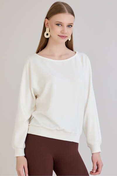 Sortie Fusta cu mâneci pentru femei tricotaj cu striații Guler larg Culoare Ecru basic Swea tricou