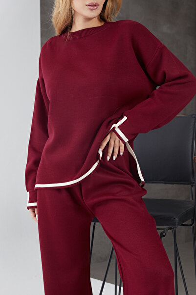 DPARİS Striped Short Front Long Back Sweater Pants Knitwear Two-Piece Set