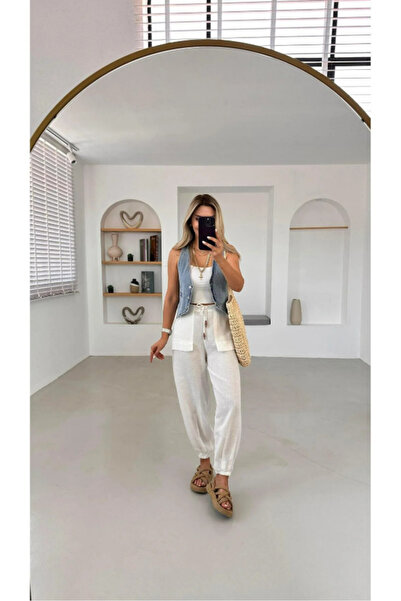 Sezgi Tekin Beli Lastikli Beyaz Ham Keten Jogger Pantolon