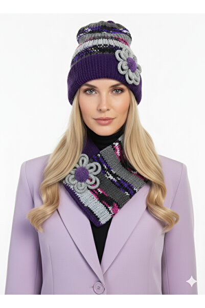 drt tasarım طقم بيريه وشاح أناتوليا بوهيمي أصيل باللون الرمادي والأرجواني بتق...