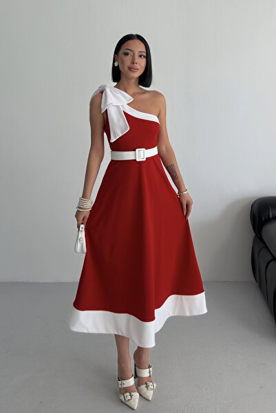 ALFUDO Moda Collection One Shoulder Belted Women's Midi Evening Dress Red Dre...