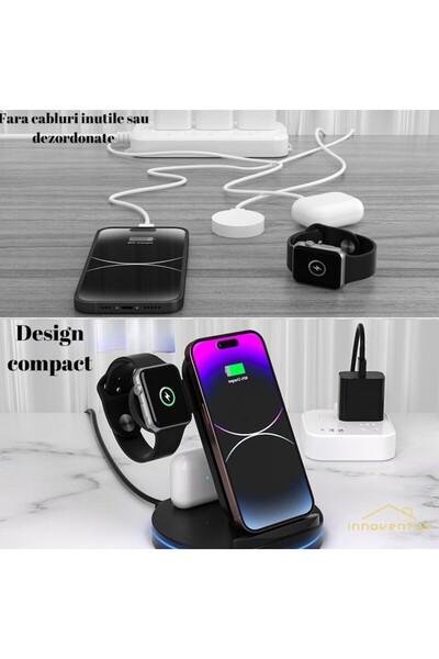 INNOVENTUS Încărcător wireless 3 în 1 INNOVENTUS®, încărcare rapidă, 18W, compatibil cu iPhone, Apple Watch, AirPods