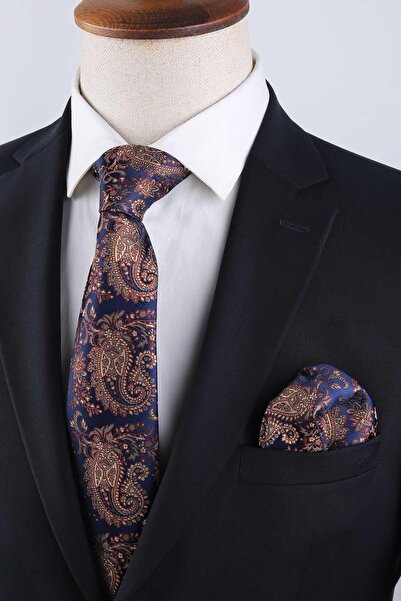 Kravatkolik Lacivert Şal Desen Mendilli Klasik Kravat KK13122