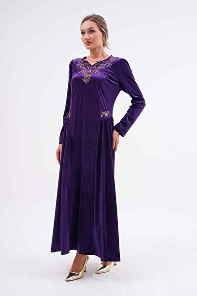 EL jadida Women's Embroidered Plus Size Velvet Evening Dress