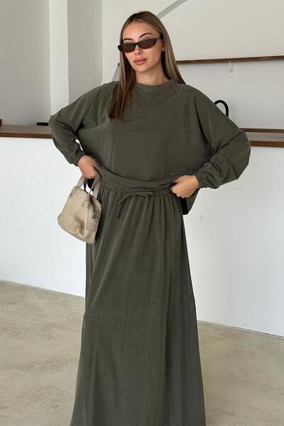 Olcay Sweatrock-Set aus Premium-Stoff mit Rundhalsausschnitt HAKİ 9383-TK