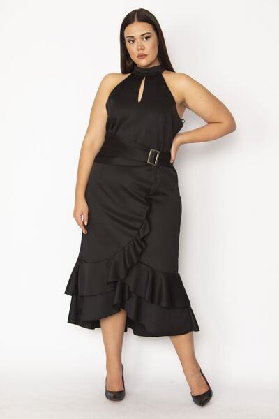 Şans Tekstil Women's Black Halter Collar Flounce and Buckle Detailed Back Hidden Zipper Dress 26a29411