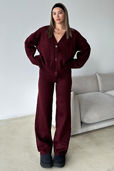 Olcay V-Neck Cardigan Pants Knitwear Set Bordo 9368-Tk