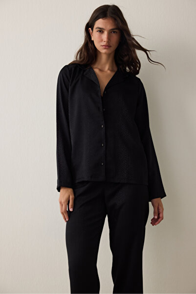 Penti Siyah Fleur Saten Gömlek Yaka Uzun Kollu Pijama Takımı