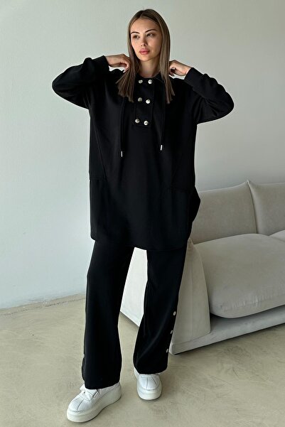 Olcay Premium-Stoff-Freizeit-Sweatpants-Set mit Metallaccessoires SCHWARZ 9372-TK