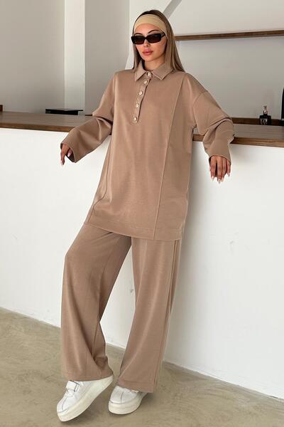 Olcay Shirt Collar Premium Knitted Fabric Tunic Pants Set Kamel 9374-Tk