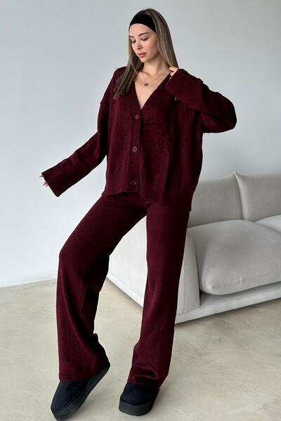 Olcay V-Neck Cardigan Pants Knitwear Set Bordo 9368-Tk