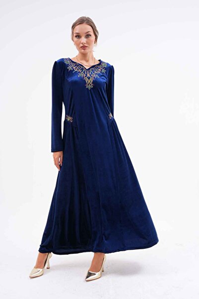 EL jadida Kadın Nakışlı Büyük Beden Kadife Abiye Elbise