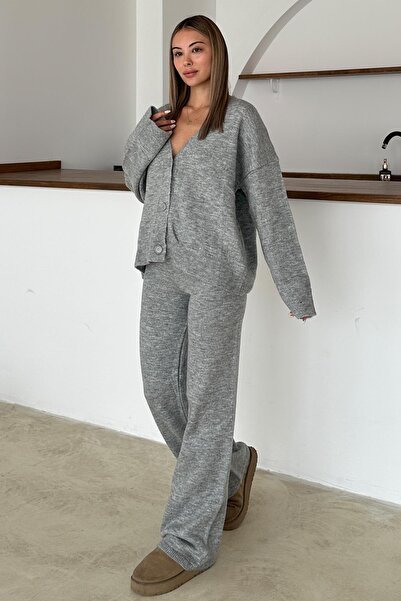 Olcay V-Neck Cardigan Pants Knitwear Set Gray 9368-Tk
