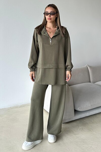 Olcay Kapüşonlu Fermuar Detaylı Premium Kumaş Sweat Pantolon Takım HAKİ 9373-TK