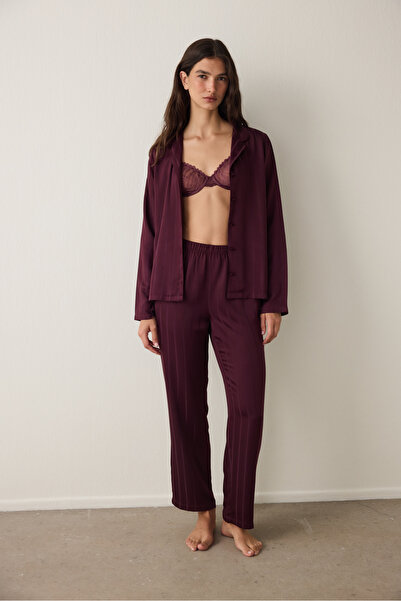 Burgundy Striped Satin Shirt Collar Pajama Set