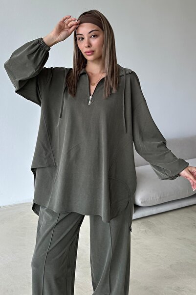 Olcay Yakası Fermuar Detaylı Premium Örme Kumaş Tunik Pantolon Takım HAKİ 9375-TK